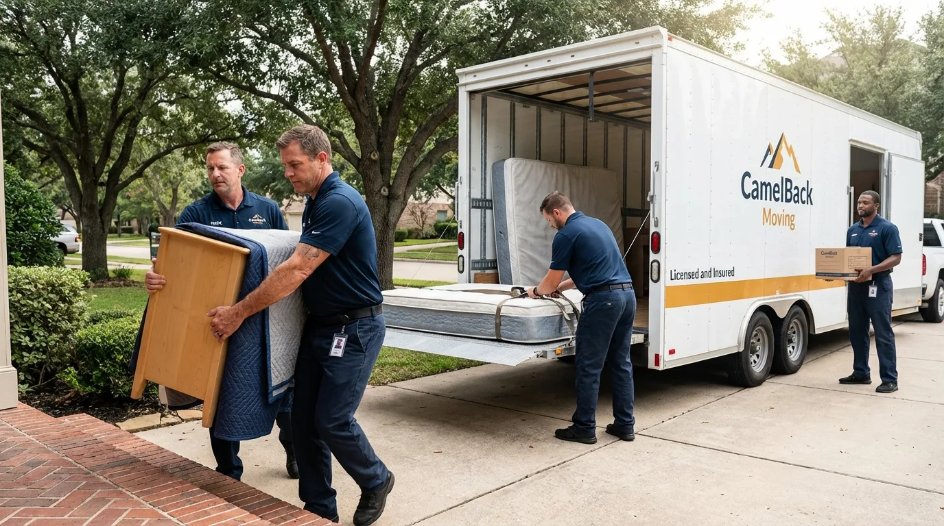 Crew loading residential truck for cross-state move from Peoria, IL