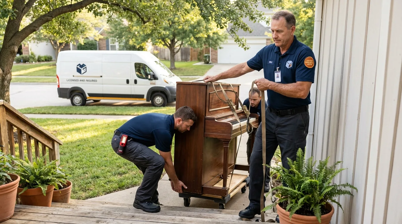 Licensed piano movers securing grand piano in Peoria, IL