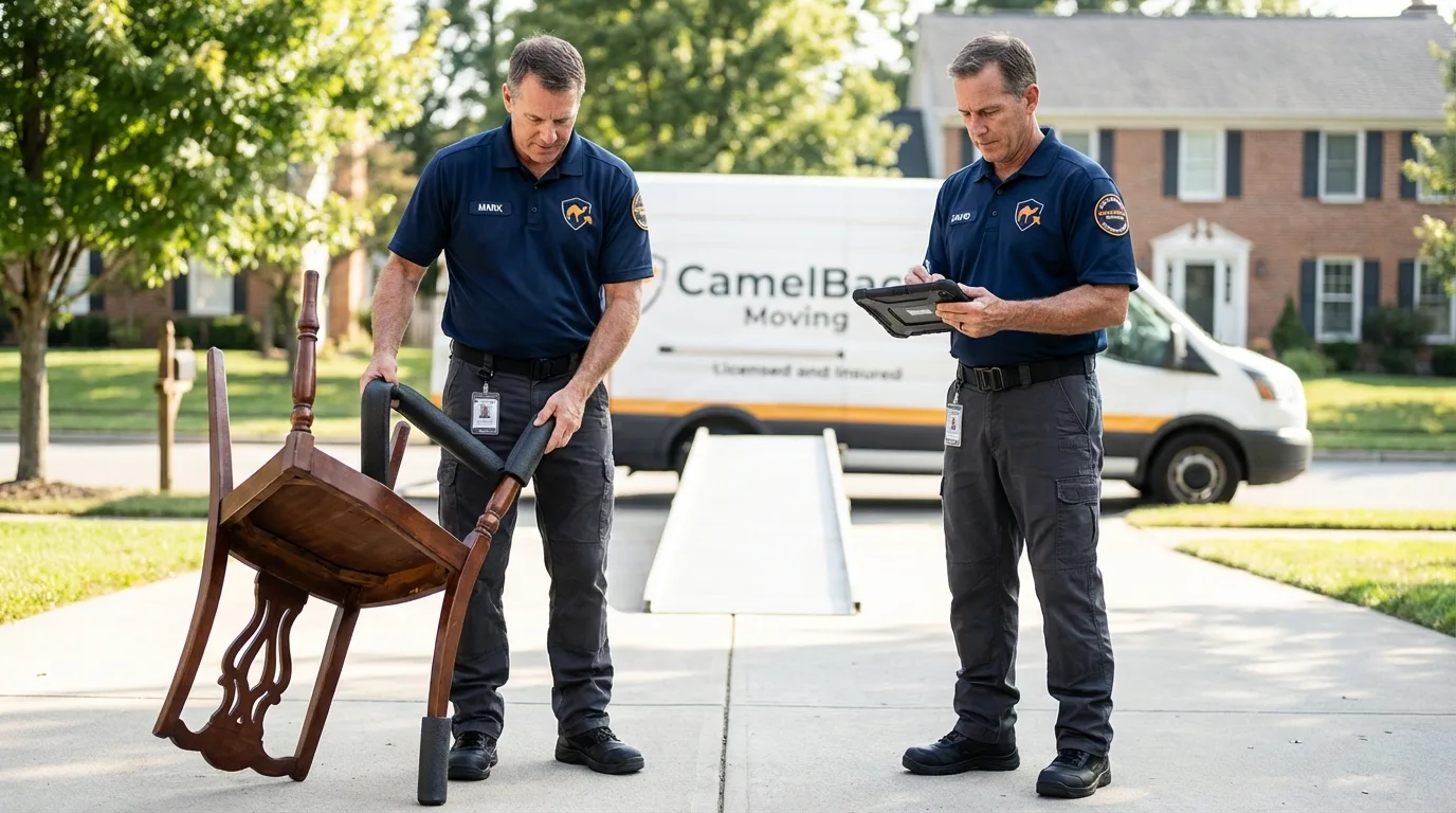 Movers inspecting furniture for damage prevention before loading in Peoria, IL
