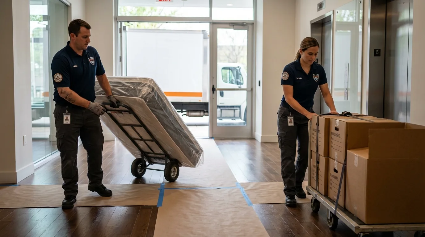 Professional apartment movers loading elevator in Peoria, IL
